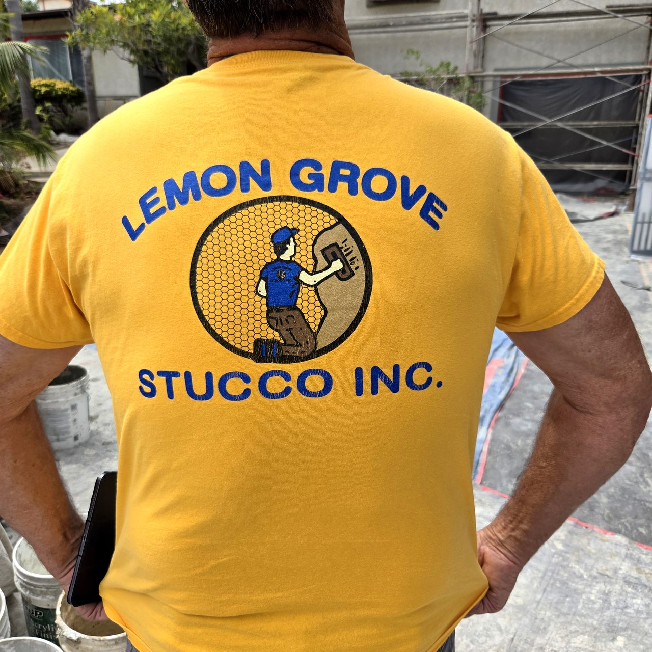 Lemon Grove Stucco company T-shirt with the plasterer logo